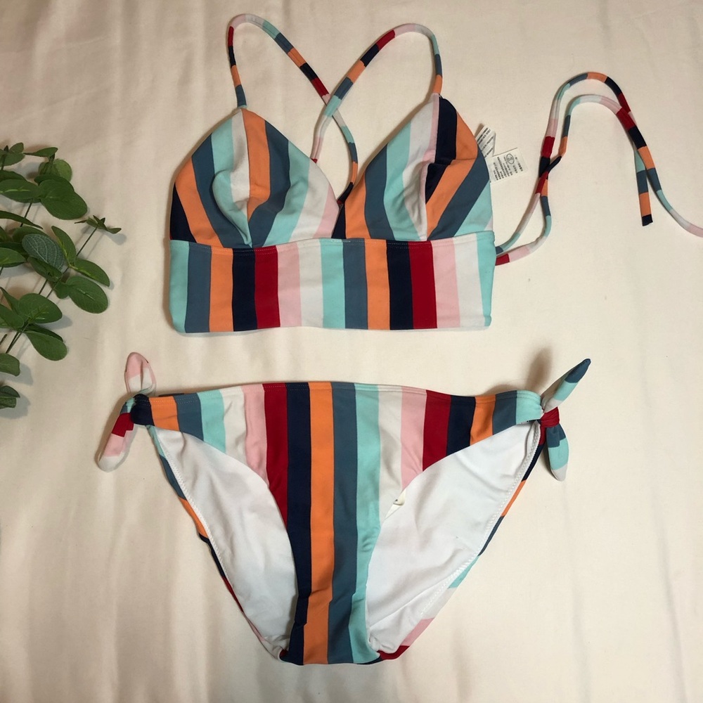 Hollister striped multicolor long lined bikini swim set, medium